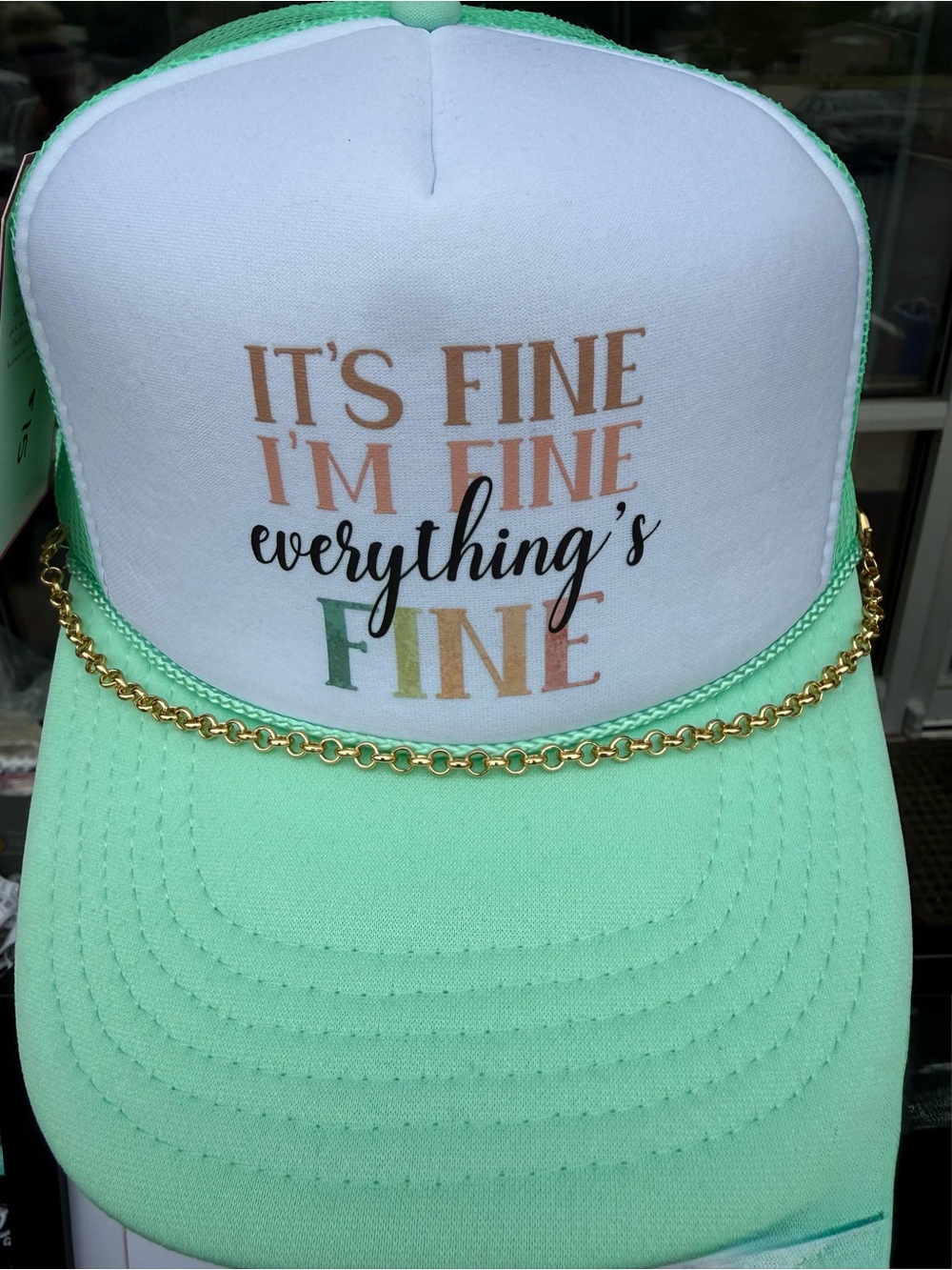 Mint Green Trucker Hat with 'It's Fine I'm Fine Everything's Fine' Slogan
